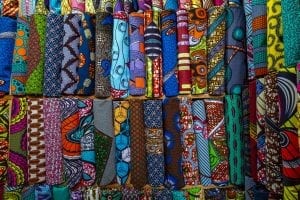 Brightly coloured Textiles for sale in Adjamé Market, Abidjan, Ivory Coast