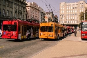 Belgrade city centre with a red and yellow bus in the frame