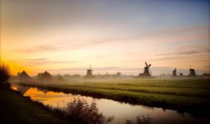 Foggy sunset at the Zaanse Schans in Zaandam.