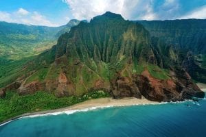 Helicopter view of the Nā Pali coast on the island of Kauai, Hawaii.