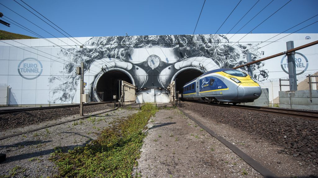 Train emerging from the Channel Tunnel