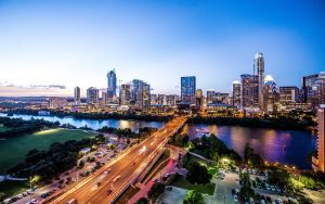 drone image of Austin skyline, Texas