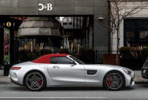 a silver mercedes sports car