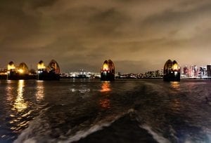 The Thames Barrier in London at dusk