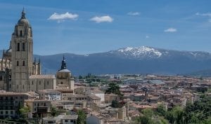 View over Madrid to the snow capped mountains in the distance