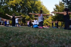 a group of people enjoying an outdoors yoga class