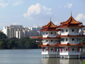 Chinese building over water in Singapore 