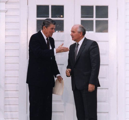 Ronald Reagan and USSR head Mikhail Gorbachev
